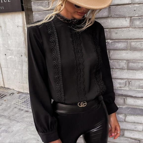 New Black Contrast Lace Blouse - Picture 4 of 10